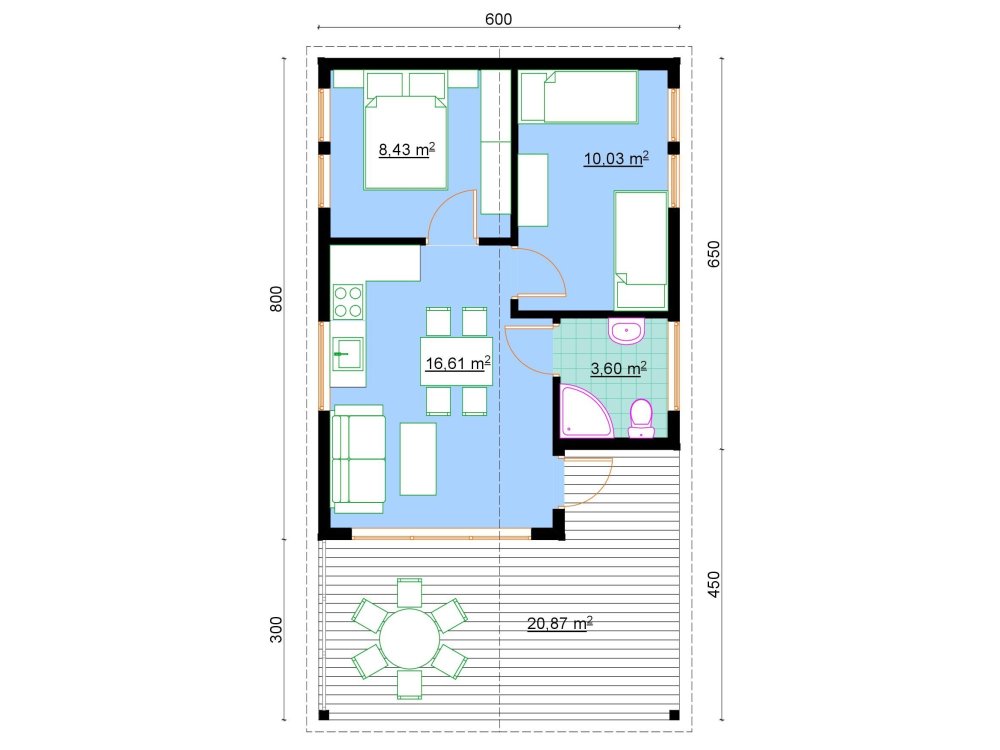 Koka māja "Crocus" – 6 × 11 m | 38,67 m²