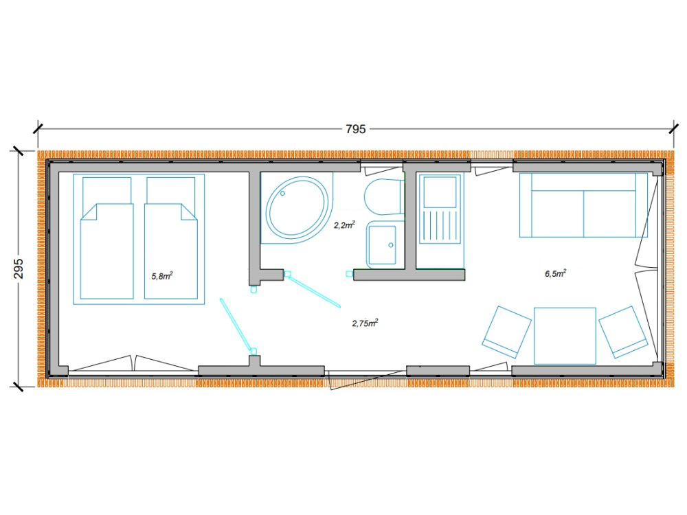 Ridgeway moduļu māja – 8 × 3 m | 24 m²